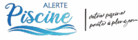 Logo Alerte Piscine : texte bleu en script et vagues, avec la mention 'votre piscine prête à plonger' en police manuscrite.