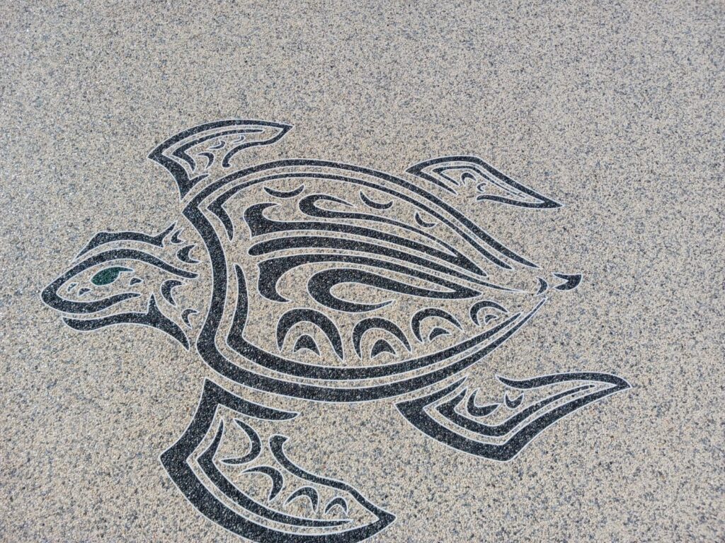 Tortue tribal Honu : Design polynésien de gravure Tortue de mer stylisée (Honu) en motif tribal noir et blanc, gravée dans un sol texturé d'agrégats beiges. Œil vert.